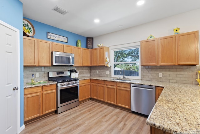 21503 Rio Comal, San Antonio, TX 78259 - kitchen with stainless steel appliances, a sink, backsplash, light wood finished floors, and recessed lighting