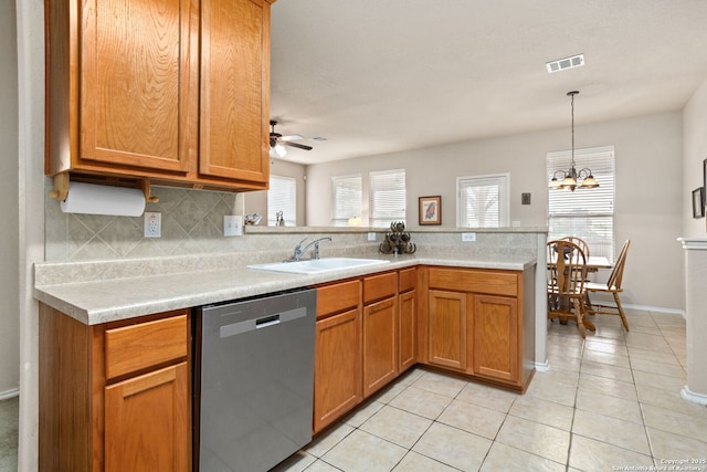3136 San Miguel, New Braunfels, TX 78132 - kitchen featuring stainless steel dishwasher, a sink, decorative backsplash, a peninsula, and light countertops