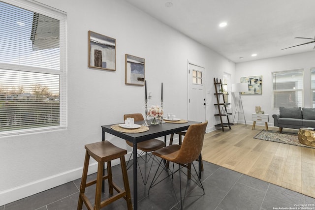 1527 W French Pl, San Antonio, TX 78201 - dining space with dark tile patterned floors, baseboards, recessed lighting, and a ceiling fan