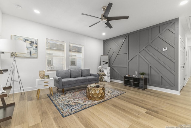 1527 W French Pl, San Antonio, TX 78201 - living room with a decorative wall, ceiling fan, light wood-type flooring, recessed lighting, and baseboards