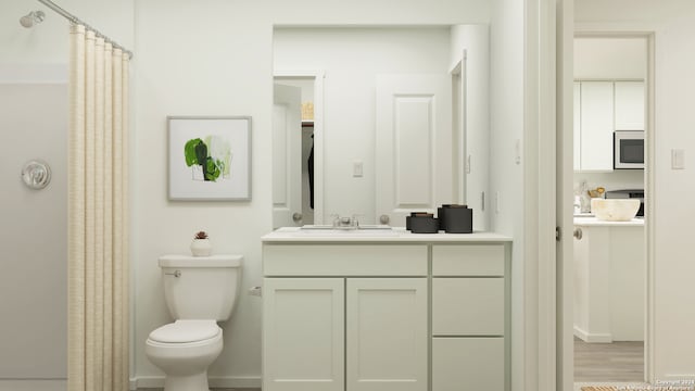 1054 Graham Bnd, San Antonio, TX 78221 - bathroom with toilet, vanity, curtained shower, and baseboards