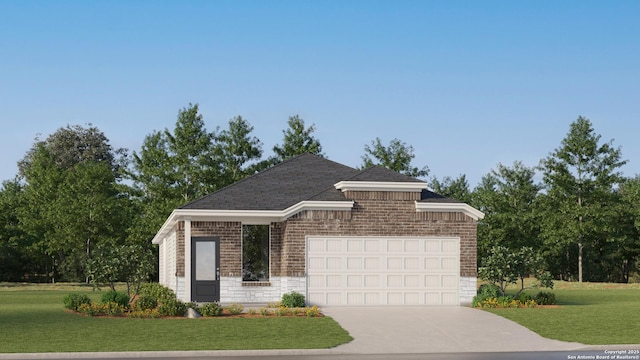 5223 Whirling Pl, San Antonio, TX 78253 - view of front of home with brick siding, concrete driveway, a front yard, an attached garage, and roof with shingles