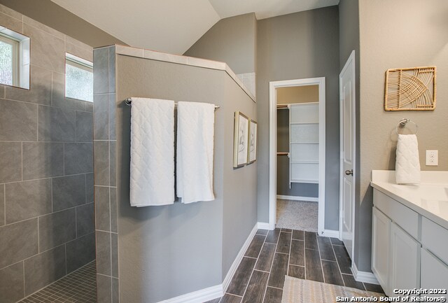 8907 Turkey Crk, Seguin, TX 78155 - bathroom featuring a walk in shower, wood finish floors, vanity, vaulted ceiling, and baseboards