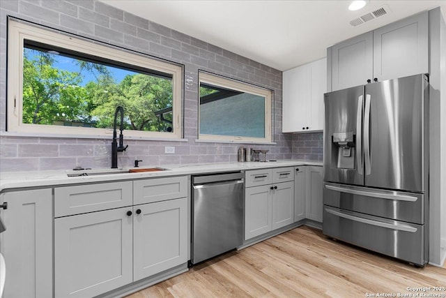 kitchen featuring stainless steel appliances, backsplash, a sink, and gray cabinets