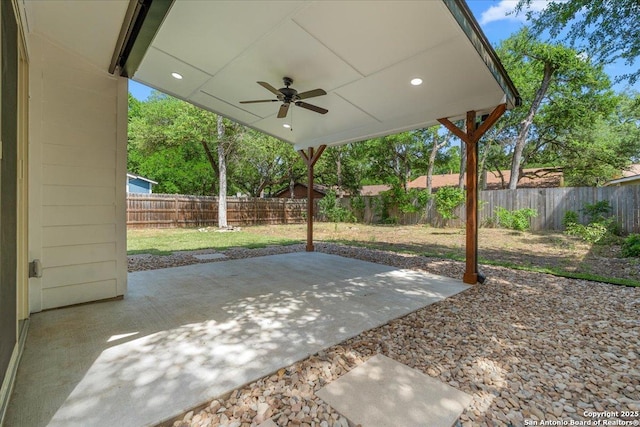 view of patio featuring a ceiling fan