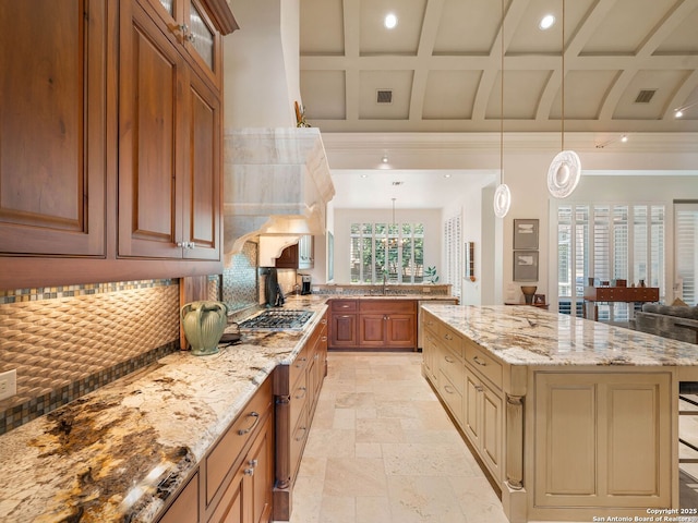 7 Naples Ct, San Antonio, TX 78257 - kitchen with backsplash, coffered ceiling, stone tile flooring, light stone countertops, and glass insert cabinets