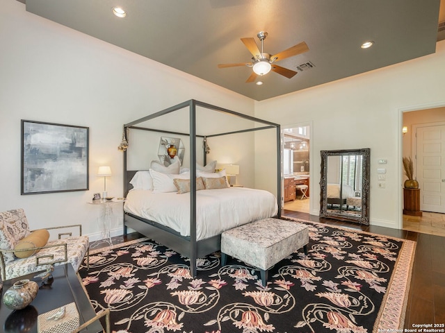 7 Naples Ct, San Antonio, TX 78257 - bedroom with recessed lighting, wood finished floors, baseboards, ensuite bathroom, and ceiling fan