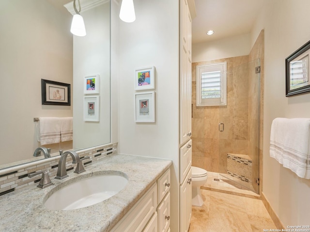 7 Naples Ct, San Antonio, TX 78257 - full bathroom with toilet, vanity, a shower stall, tasteful backsplash, and recessed lighting