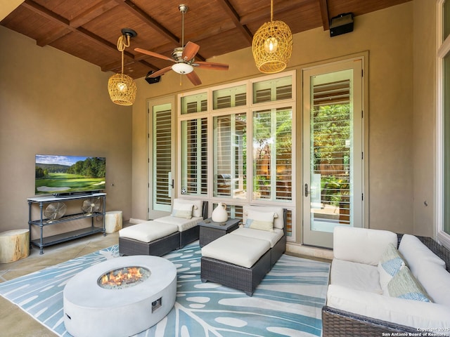 7 Naples Ct, San Antonio, TX 78257 - view of patio / terrace featuring an outdoor living space with a fire pit and a ceiling fan
