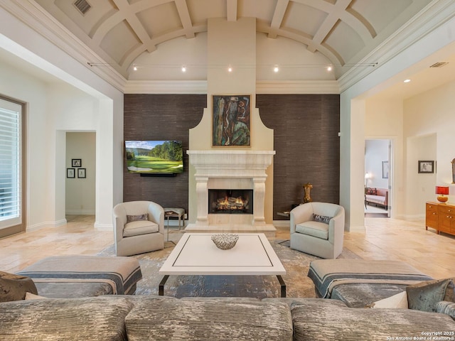 7 Naples Ct, San Antonio, TX 78257 - living room featuring a warm lit fireplace, baseboards, lofted ceiling, and recessed lighting