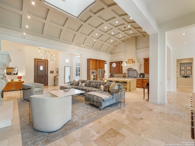 7 Naples Ct, San Antonio, TX 78257 - living room featuring coffered ceiling, recessed lighting, a high ceiling, stone tile floors, and baseboards