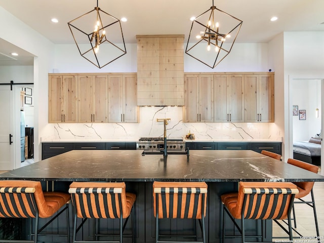 756 Annabelle Ave, Bulverde, TX 78163 - kitchen with light brown cabinets, a chandelier, tasteful backsplash, and recessed lighting