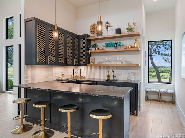 756 Annabelle Ave, Bulverde, TX 78163 - indoor wet bar featuring healthy amount of natural light, decorative backsplash, hanging light fixtures, light wood finished floors, and a high ceiling