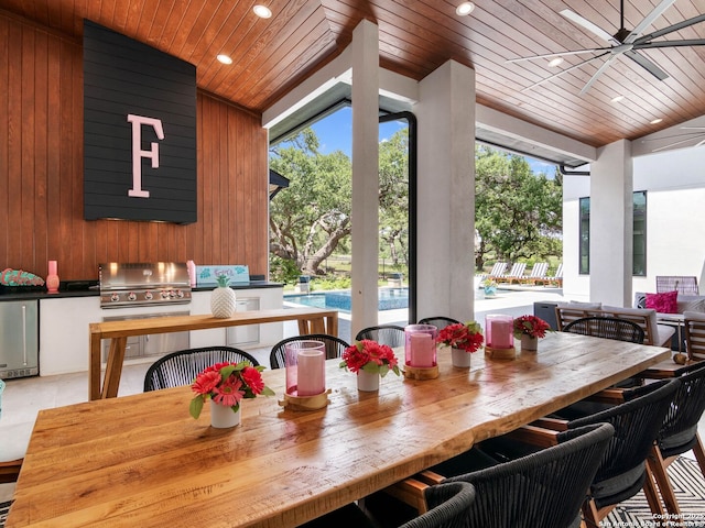 756 Annabelle Ave, Bulverde, TX 78163 - dining area featuring wood ceiling, lofted ceiling, and wooden walls