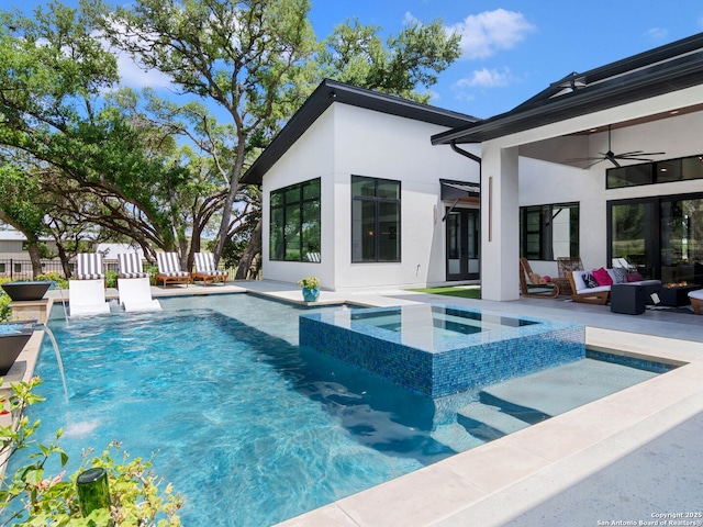 756 Annabelle Ave, Bulverde, TX 78163 - view of swimming pool with ceiling fan, outdoor lounge area, fence, a patio, and a pool with connected hot tub