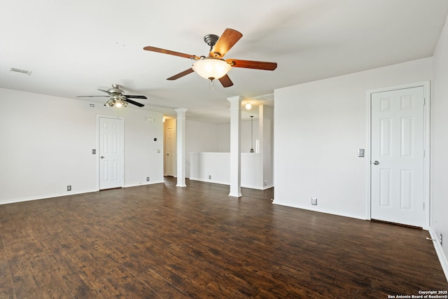 15603 Hastings Park, Selma, TX 78154 - unfurnished living room with ornate columns, a ceiling fan, dark wood finished floors, and baseboards