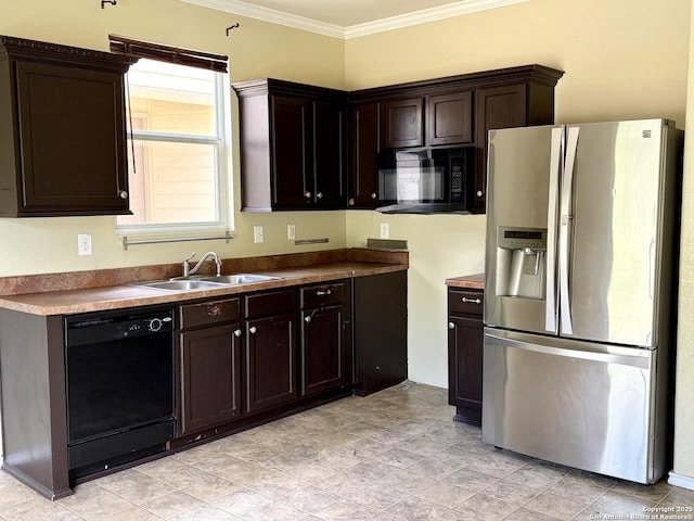 2211 Mission Verde, San Antonio, TX 78223 - kitchen with black appliances, a sink, dark brown cabinets, and crown molding