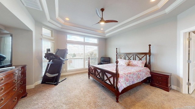 2542 Varrelmann, New Braunfels, TX 78132 - bedroom featuring a raised ceiling, light carpet, ornamental molding, recessed lighting, and baseboards