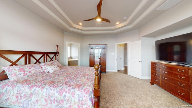 2542 Varrelmann, New Braunfels, TX 78132 - carpeted bedroom with a raised ceiling, crown molding, baseboards, ceiling fan, and recessed lighting
