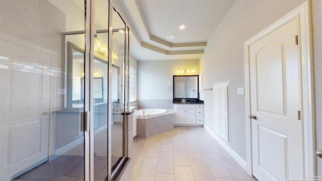 2542 Varrelmann, New Braunfels, TX 78132 - bathroom featuring a garden tub, vanity, a stall shower, and tile patterned floors