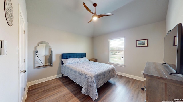 2542 Varrelmann, New Braunfels, TX 78132 - bedroom with wood finished floors, baseboards, lofted ceiling, and ceiling fan