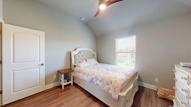 2542 Varrelmann, New Braunfels, TX 78132 - bedroom featuring lofted ceiling, baseboards, wood finished floors, and a ceiling fan