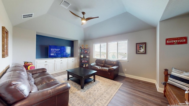 2542 Varrelmann, New Braunfels, TX 78132 - living area with vaulted ceiling, a ceiling fan, wood finished floors, and baseboards