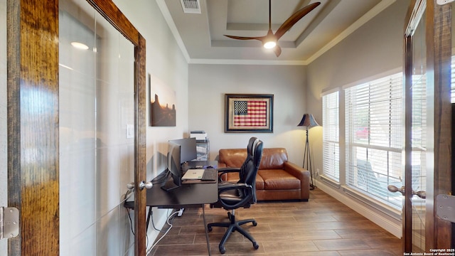 2542 Varrelmann, New Braunfels, TX 78132 - office space with a ceiling fan, a raised ceiling, wood finished floors, baseboards, and ornamental molding