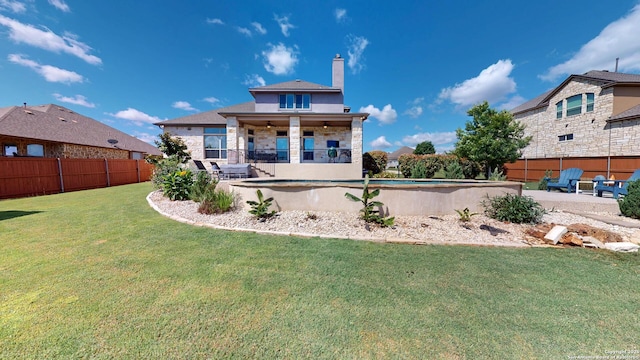 2542 Varrelmann, New Braunfels, TX 78132 - rear view of property featuring a patio area, a chimney, stone siding, ceiling fan, and stucco siding