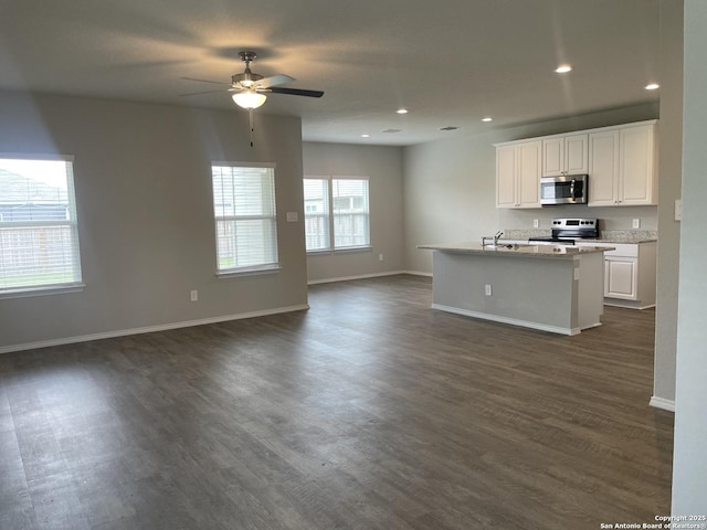 1138 Gracie Way, New Braunfels, TX 78130 - kitchen featuring appliances with stainless steel finishes, open floor plan, a ceiling fan, white cabinetry, and dark wood-type flooring