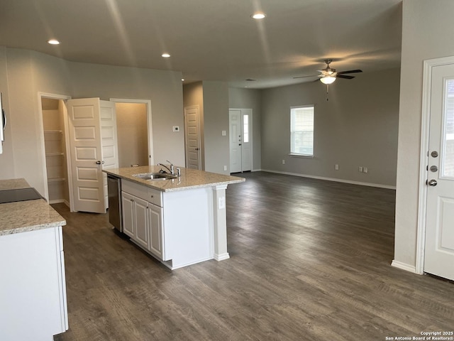 1138 Gracie Way, New Braunfels, TX 78130 - kitchen with a sink, dishwasher, an island with sink, a ceiling fan, and dark wood-style flooring