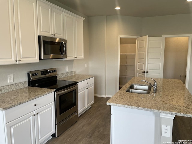1138 Gracie Way, New Braunfels, TX 78130 - kitchen featuring stainless steel appliances, a sink, dark wood finished floors, a kitchen island with sink, and white cabinetry