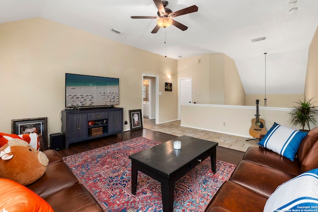 8807 Brae Crst, San Antonio, TX 78249 - living area featuring lofted ceiling, a ceiling fan, wood finished floors, and baseboards