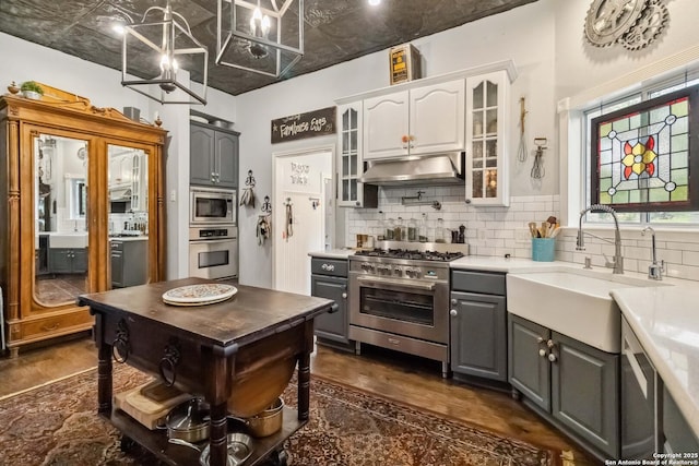 111 Kendall Oaks, Boerne, TX 78006 - kitchen with appliances with stainless steel finishes, under cabinet range hood, gray cabinets, a sink, and dark wood-type flooring