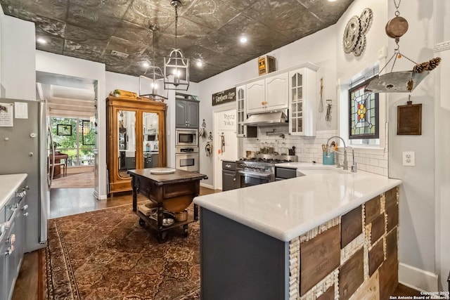 111 Kendall Oaks, Boerne, TX 78006 - kitchen with appliances with stainless steel finishes, under cabinet range hood, an ornate ceiling, a sink, and glass insert cabinets