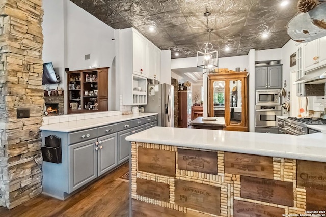 111 Kendall Oaks, Boerne, TX 78006 - kitchen featuring gray cabinets, stainless steel appliances, dark wood-type flooring, an ornate ceiling, and a peninsula