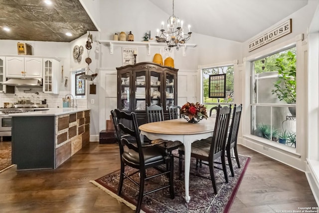 111 Kendall Oaks, Boerne, TX 78006 - dining space featuring high vaulted ceiling, a chandelier, and dark wood-type flooring