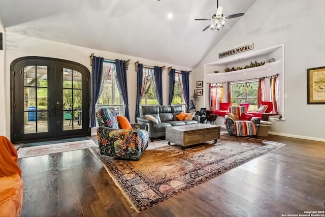 111 Kendall Oaks, Boerne, TX 78006 - living area with french doors, arched walkways, wood finished floors, high vaulted ceiling, and a ceiling fan