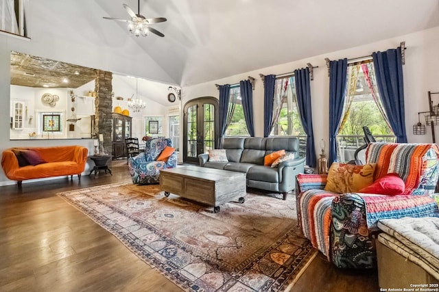 111 Kendall Oaks, Boerne, TX 78006 - living area featuring plenty of natural light, high vaulted ceiling, wood finished floors, a chandelier, and ceiling fan