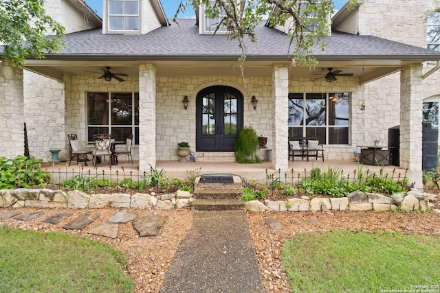 111 Kendall Oaks, Boerne, TX 78006 - entrance to property featuring a ceiling fan, a porch, and stone siding