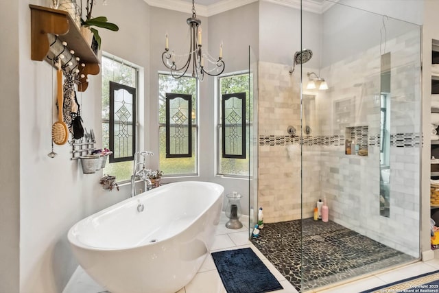 111 Kendall Oaks, Boerne, TX 78006 - full bath featuring ornamental molding, a tile shower, a soaking tub, a chandelier, and tile patterned floors