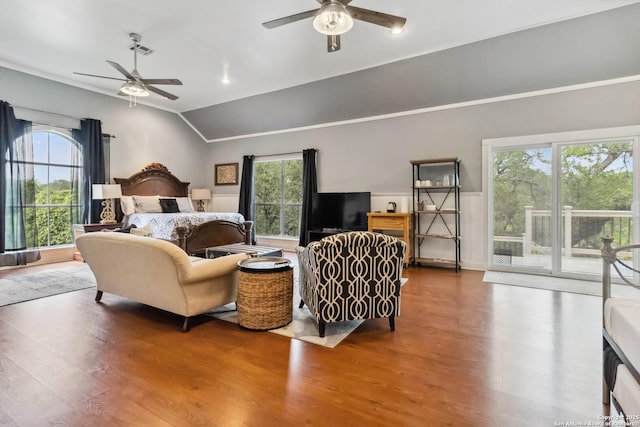 111 Kendall Oaks, Boerne, TX 78006 - bedroom featuring lofted ceiling, access to exterior, wood finished floors, and ceiling fan