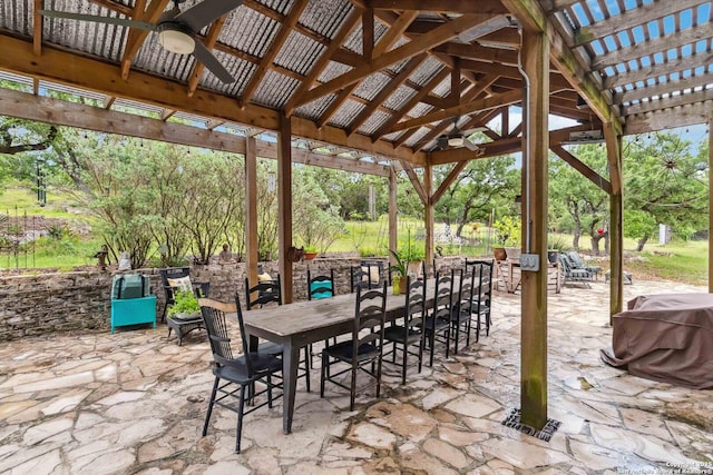 111 Kendall Oaks, Boerne, TX 78006 - view of patio / terrace with ceiling fan, a gazebo, a pergola, and view of scattered trees