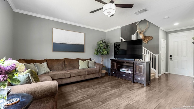 2527 Villa Rufina, San Antonio, TX 78259 - living room featuring stairway, wood finished floors, ceiling fan, ornamental molding, and recessed lighting