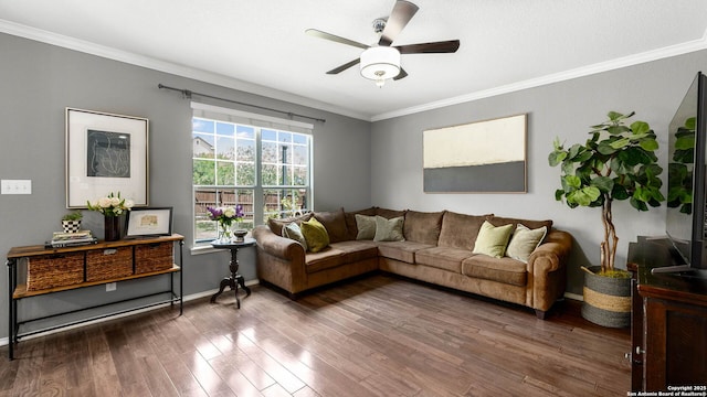 2527 Villa Rufina, San Antonio, TX 78259 - living room with a ceiling fan, crown molding, wood finished floors, and baseboards