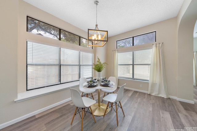 11302 Cedar Park, San Antonio, TX 78249 - dining room featuring arched walkways, wood finished floors, a chandelier, baseboards, and a textured ceiling