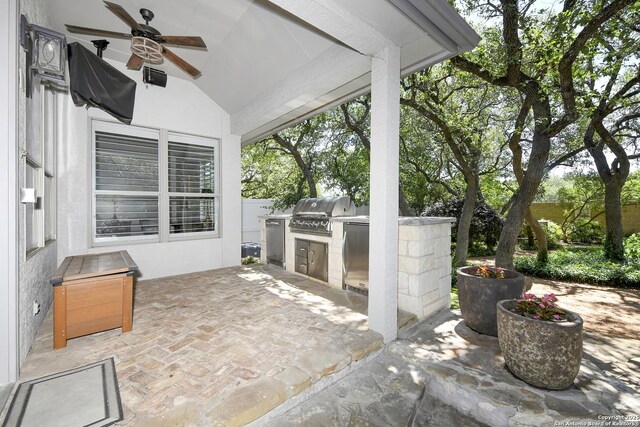 23018 Osprey, San Antonio, TX 78260 - view of patio / terrace with an outdoor kitchen, a grill, and a ceiling fan