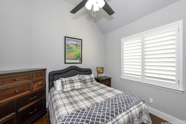 23018 Osprey, San Antonio, TX 78260 - bedroom with vaulted ceiling, dark wood finished floors, baseboards, and ceiling fan
