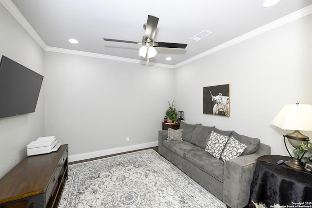 23018 Osprey, San Antonio, TX 78260 - living area with wood finished floors, ceiling fan, recessed lighting, crown molding, and baseboards