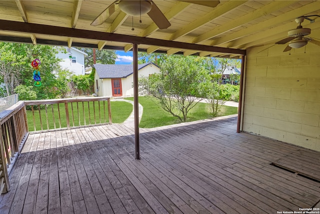 1919 W Magnolia Ave, San Antonio, TX 78201 - wooden terrace featuring a ceiling fan and an outdoor structure